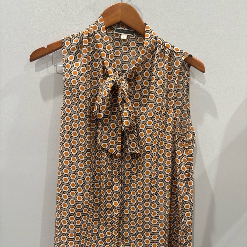 Pleione Brown Geometric Print Tie-Neck Blouse